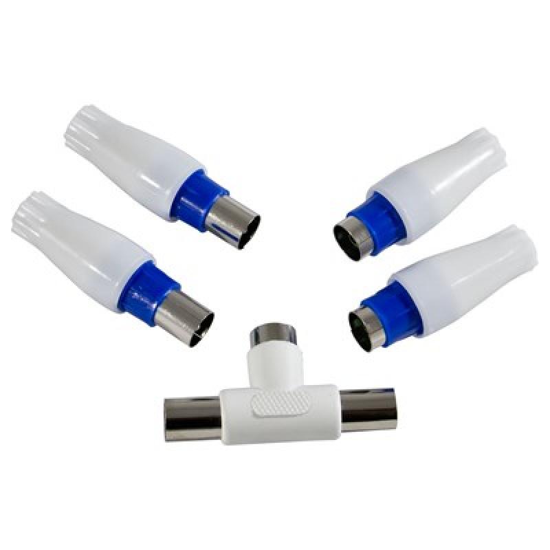FICHE TV X5 Fiches Antenne TV 9,52mm (x5pcs) - Mâle (x2) - Femelle (x2) - Té de dérivation coaxial Mâle/Mâle/Femelle
(x1)