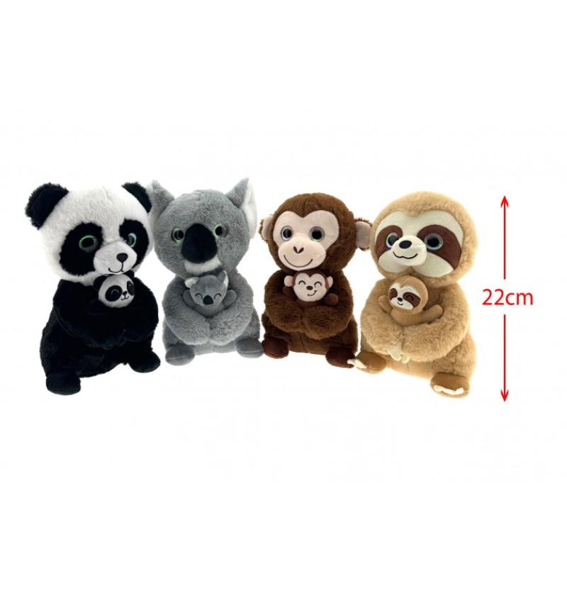 PELUCHE ANIMAL AVEC BEBE H22CM 4ASS