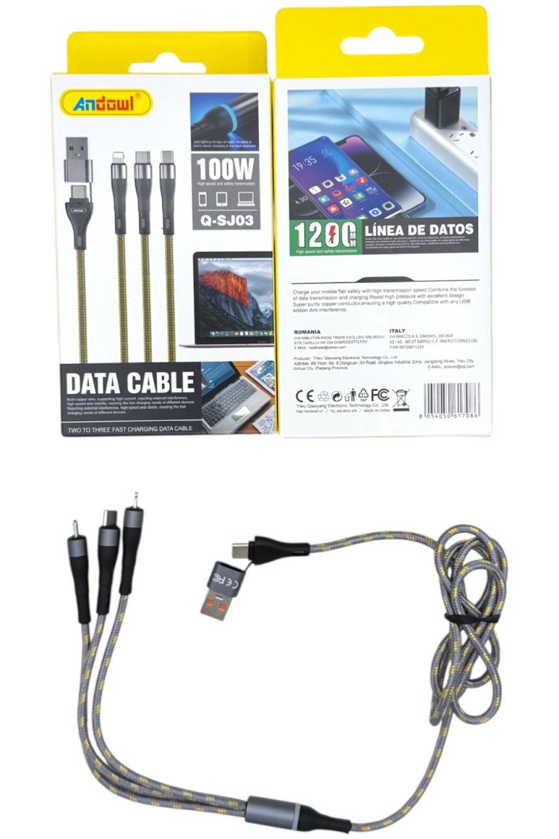 3 EN 1 CABLE TELEPHONE PORTABLE 1,2M USB A ET USB C VERS 3 TETE