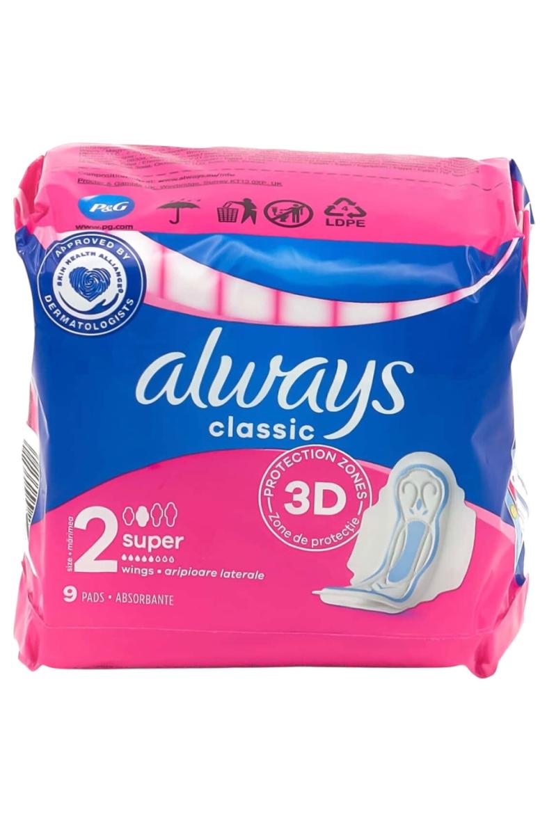 Always serviettes hygieniques Classic 9pc Maxi avec ailes taille 2 ***