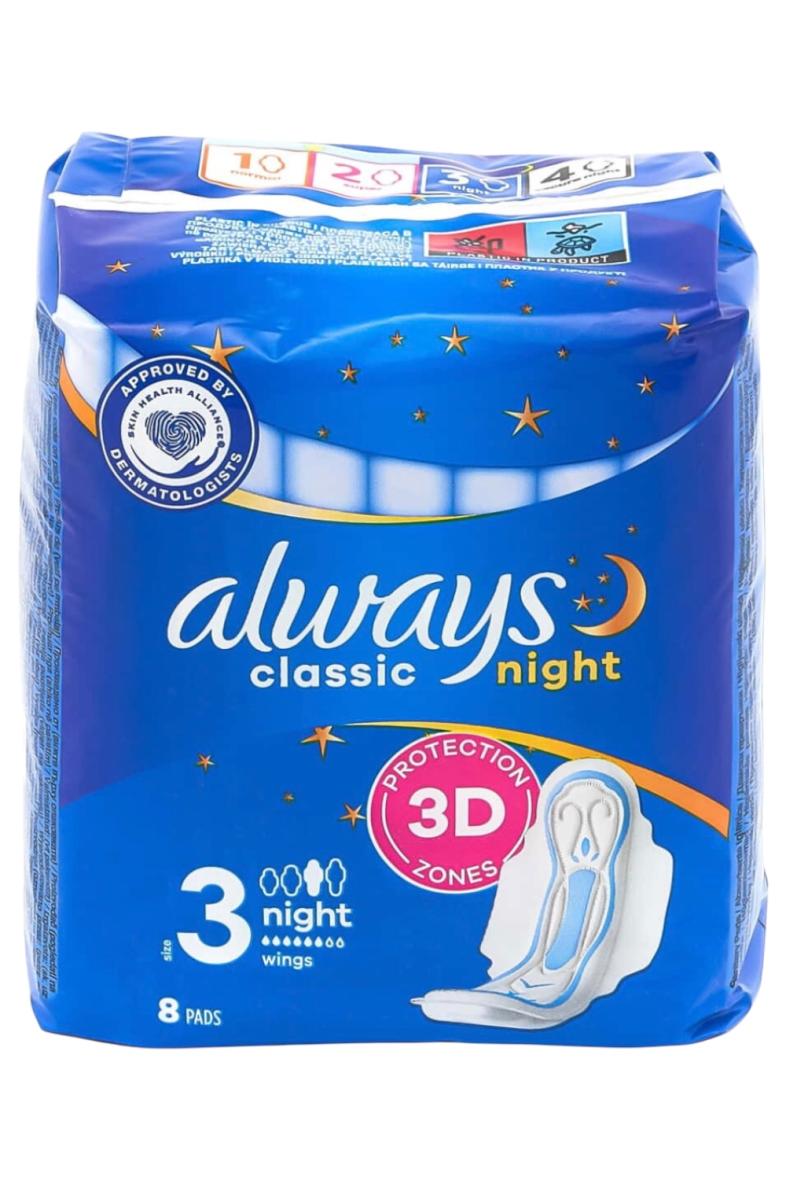 Always serviettes hygieniques Classique 8pcs nuit avec ailes taille 3 ***