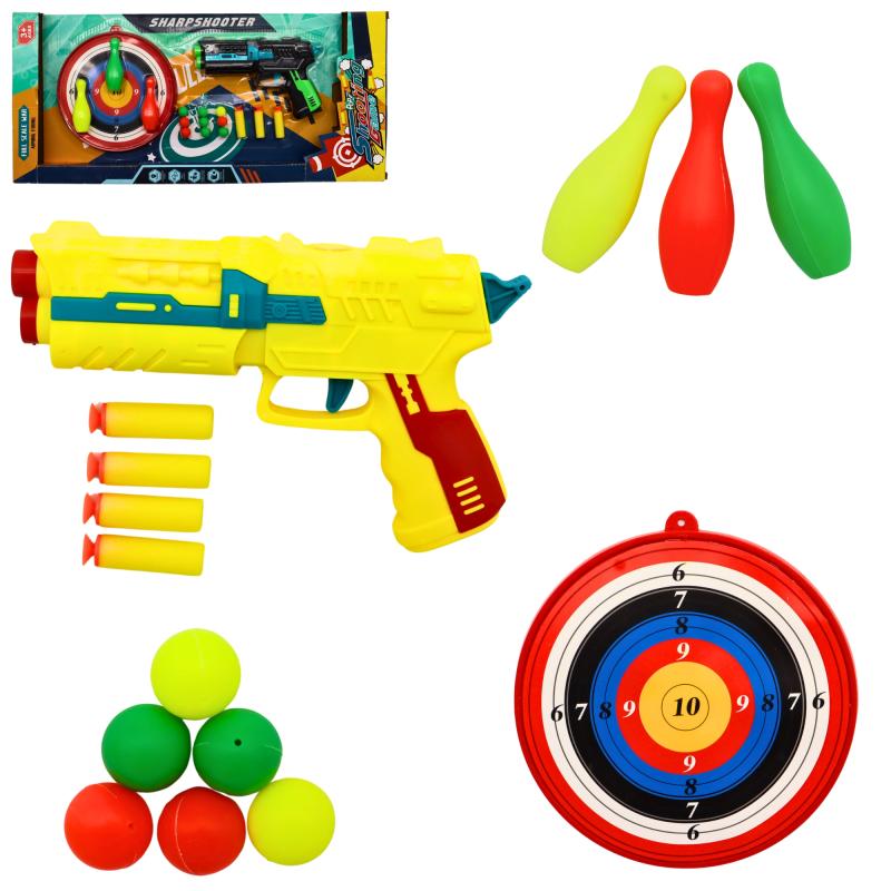 PISTOLET FLECHE MOUSSE + CIBLE + BOWLING