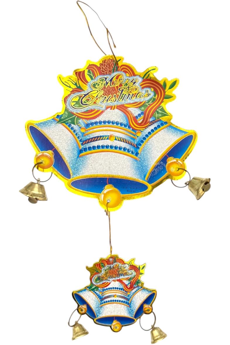 DECO NOEL PAPIER MOTIF CLOCHES + 4 VRAIES CLOCHETTES 20X33CM