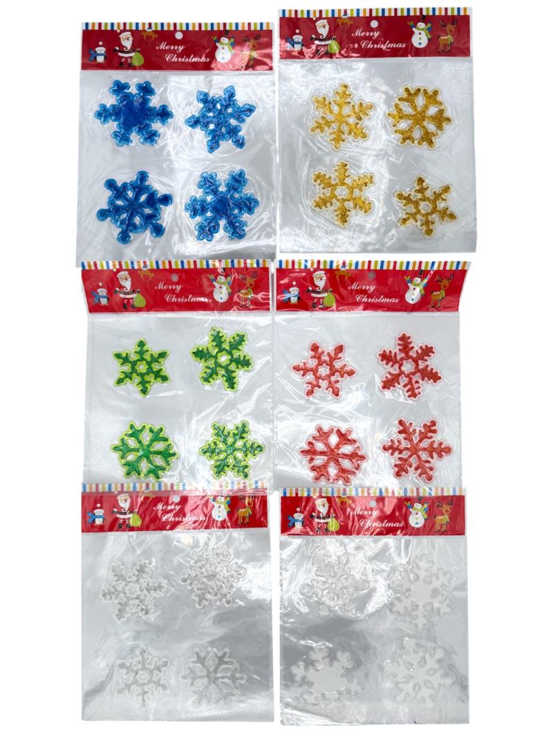 STICKER GEL NOEL FLOCON env. 6/7CM X4PCS 6C ASS