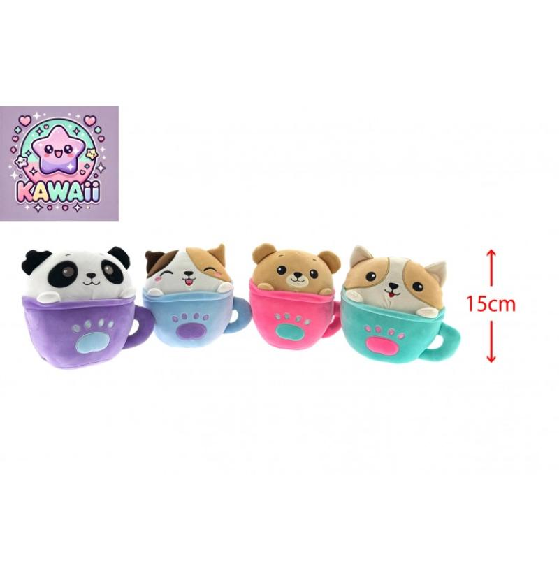 PELUCHE ANIMAL TASSE KAWAII H15CM 4ASS