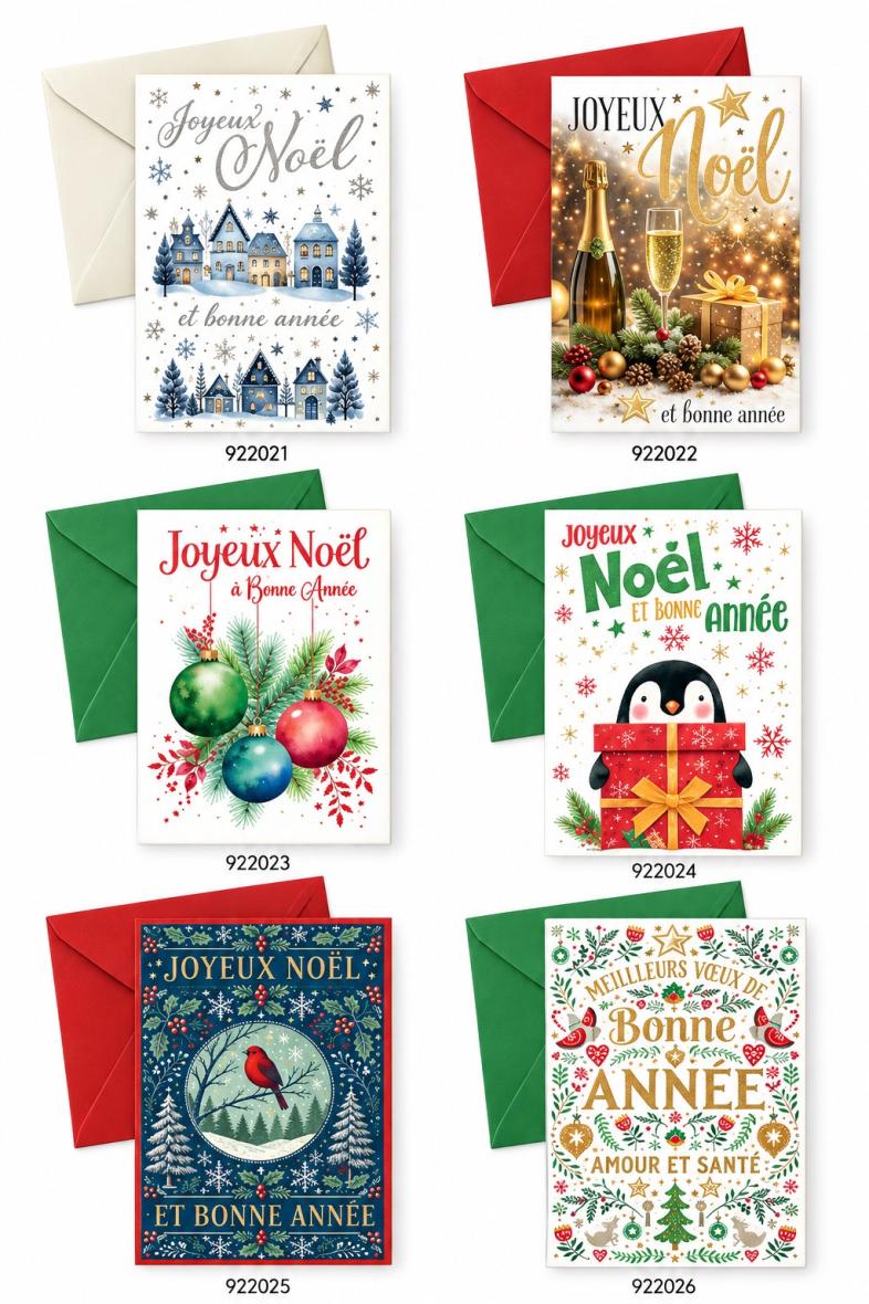 6 CARTES DE VŒUX AVEC ENVELOPPE 11.5*17CM ASSORTIS